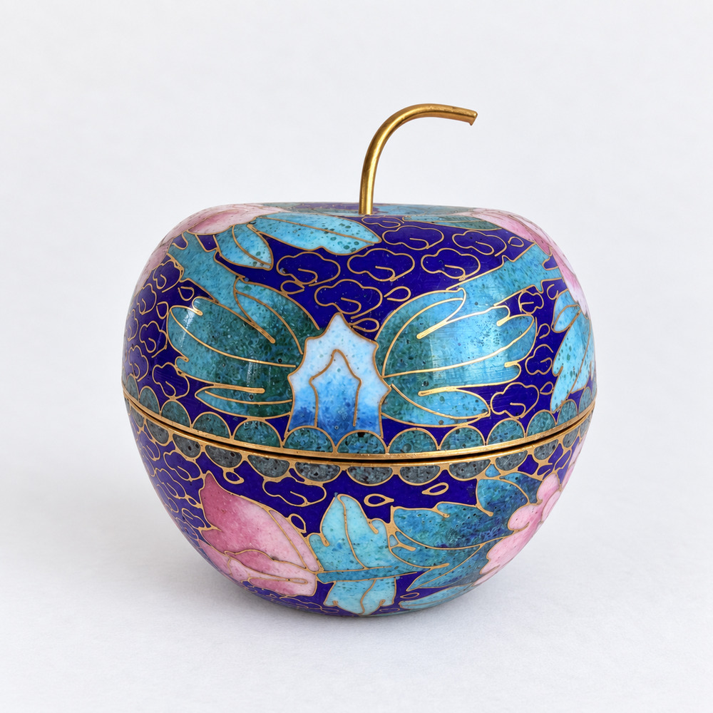 Vintage Chinese Cloisonné Enamel Apple Shaped Trinket Box Floral Vanity Jar Bras